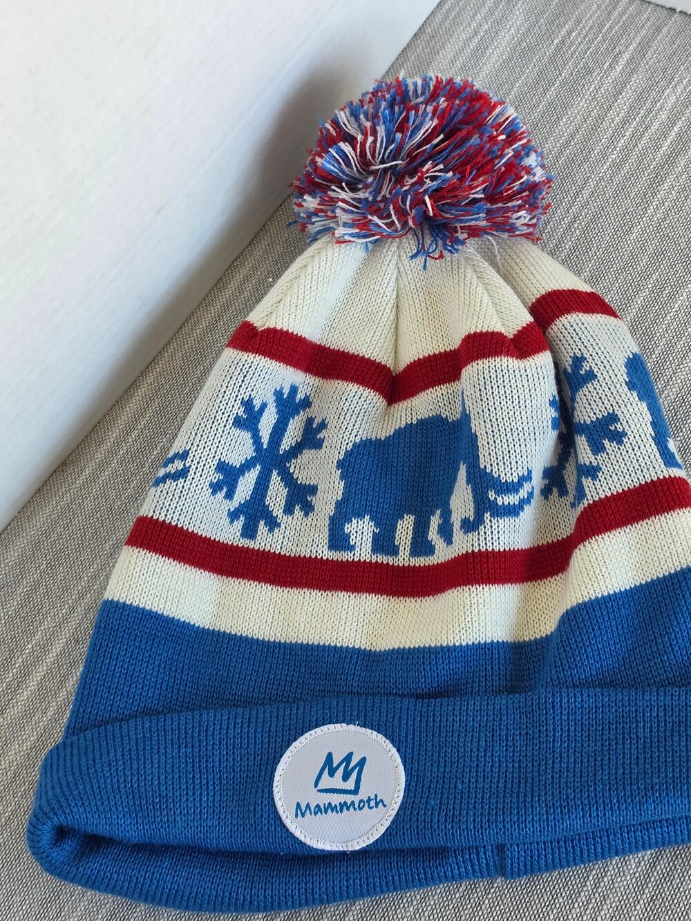 Official Mammoth Mountain Pom Beanie Blue/Red/White Cuffed Hat Ski Snowboard